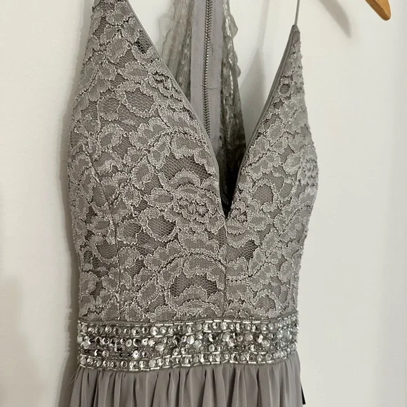 NWT Macy’s Emerald Sundae Gray maxi dress size Small, V neckline, front slit - Picture 5 of 15